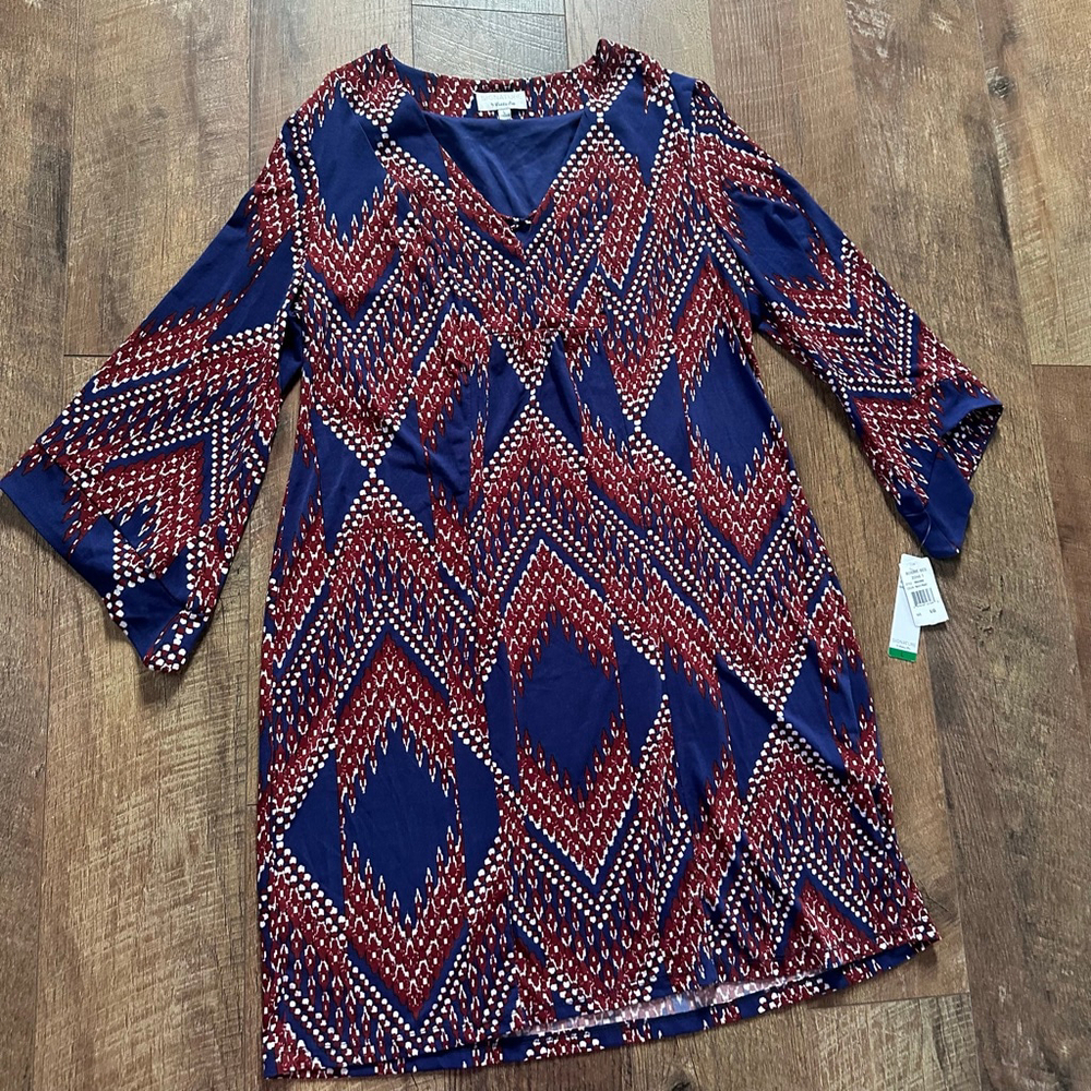 Women's Signature by Robbie Bee Long Sleeve Dress L Blue Red Geometric